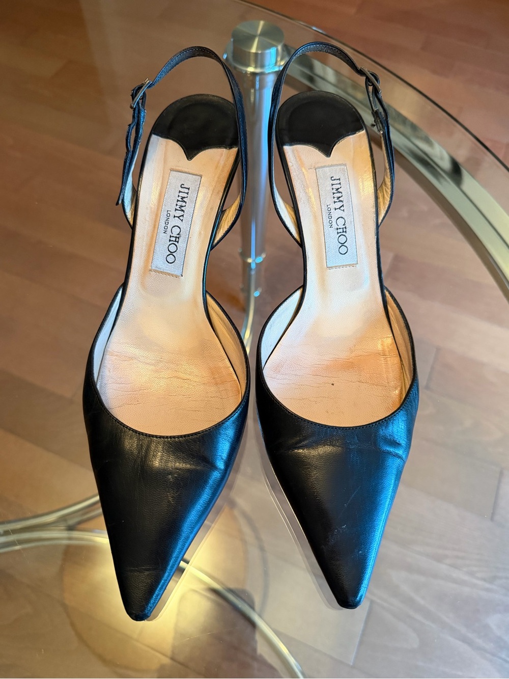 Jimmy Choo Black Leather Pointed Slingback Heels | Resoled Vintage